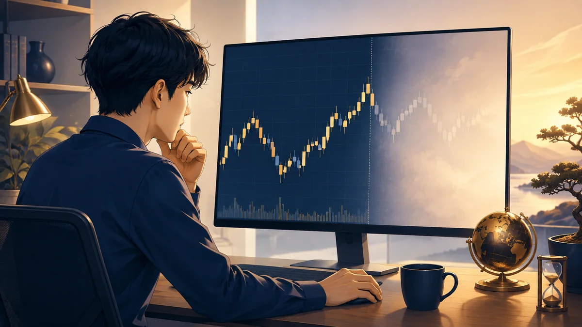 未来を隠した過去チャートを見ながら1本ずつ判断練習するチャートリプレイのイメージ