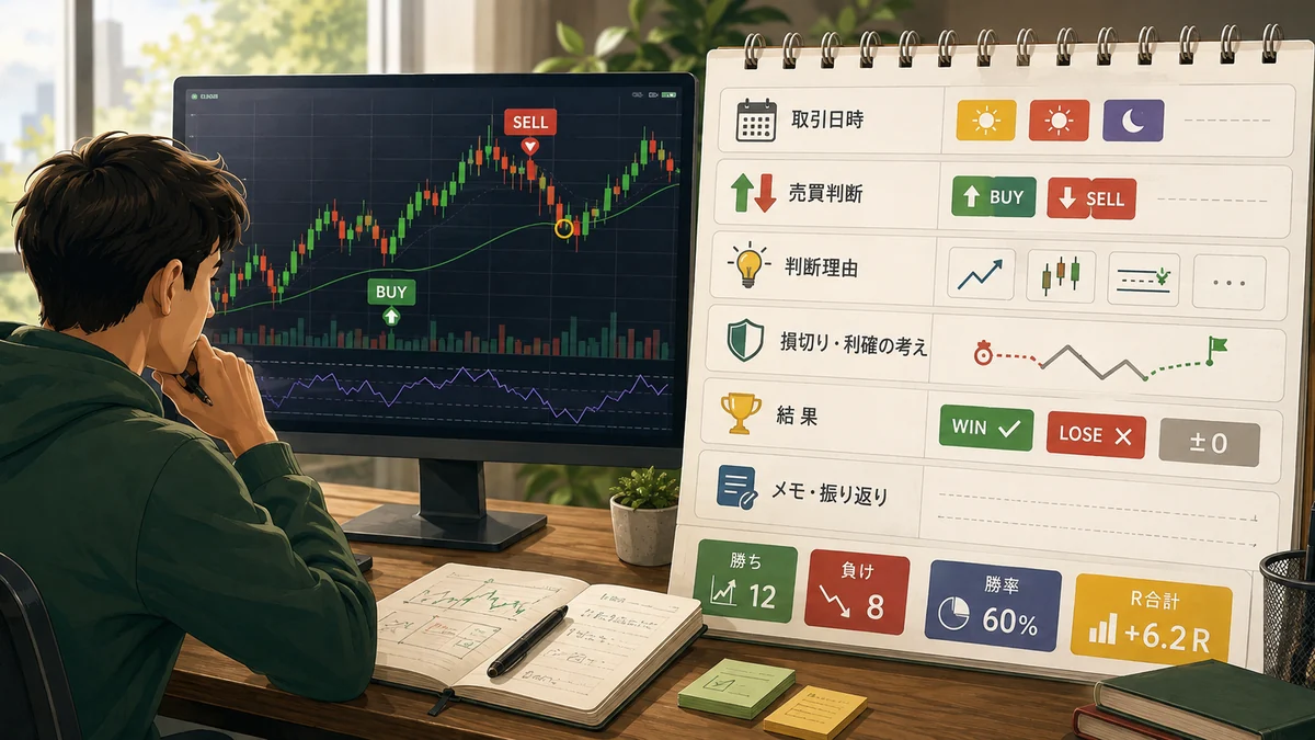 チャートを見ながら売買判断、判断理由、結果、メモなどを記録するイメージ