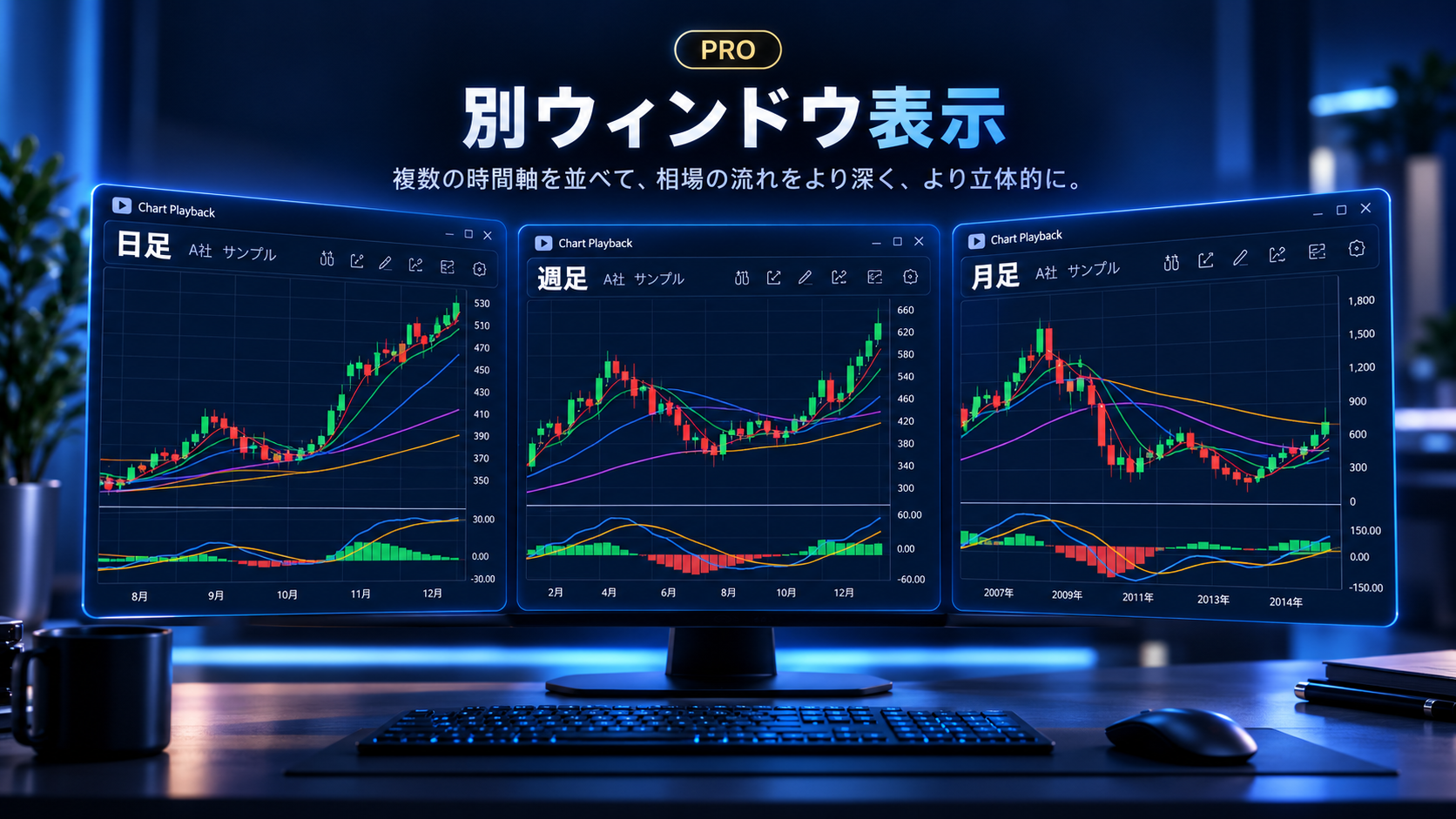 日足・週足・月足のチャートを複数ウィンドウで並べて確認する説明イメージ
